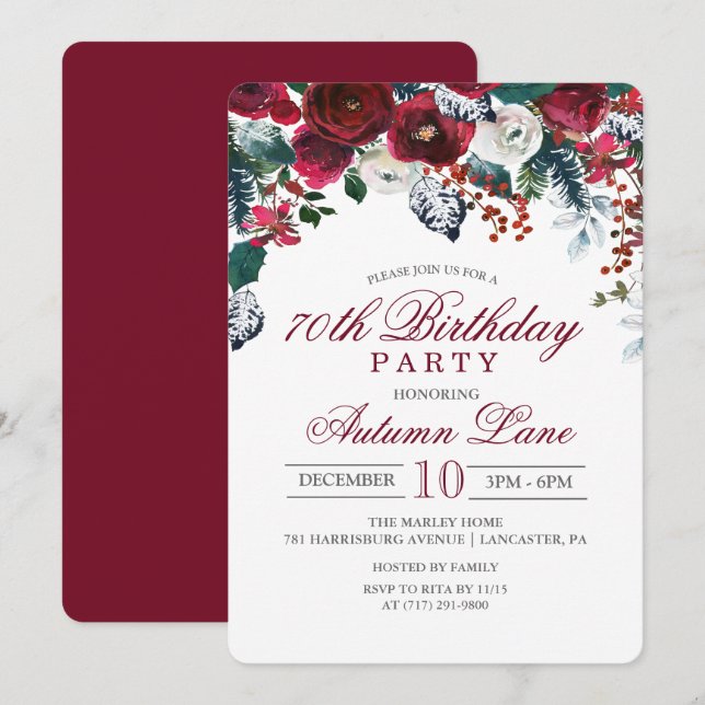 ANY AGE Burgundy Floral Winter Birthday Invitation (Front/Back)