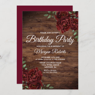 Any Age Burgundy Red Rose Rustic Birthday Party Invitation