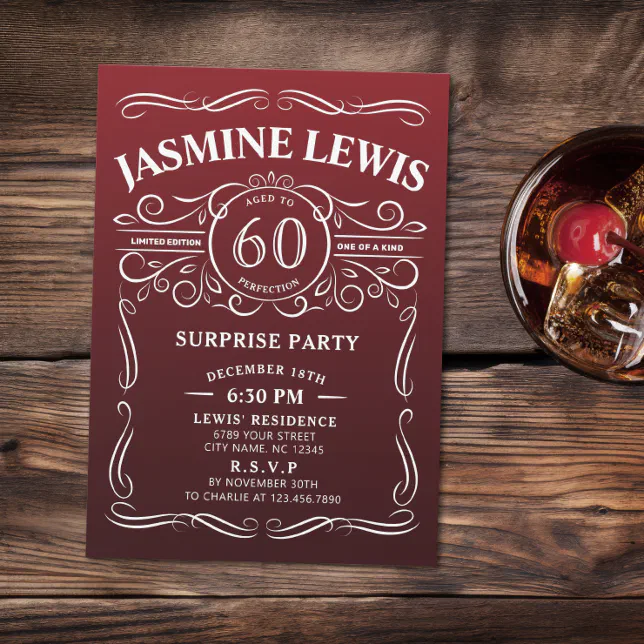 Any Age burgundy whiskey surprise 60th birthday Invitation | Zazzle