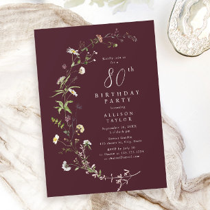 Any Age Burgundy Wildflower Boho 80th Birthday Invitation