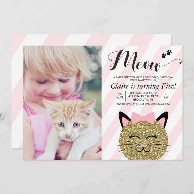 ANY AGE - Cat Kitten Photo Birthday Invitation (Front/Back)