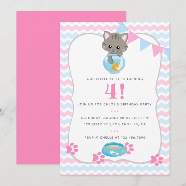 Any Age Cat or Kitten Birthday Party Invitation (Front/Back)