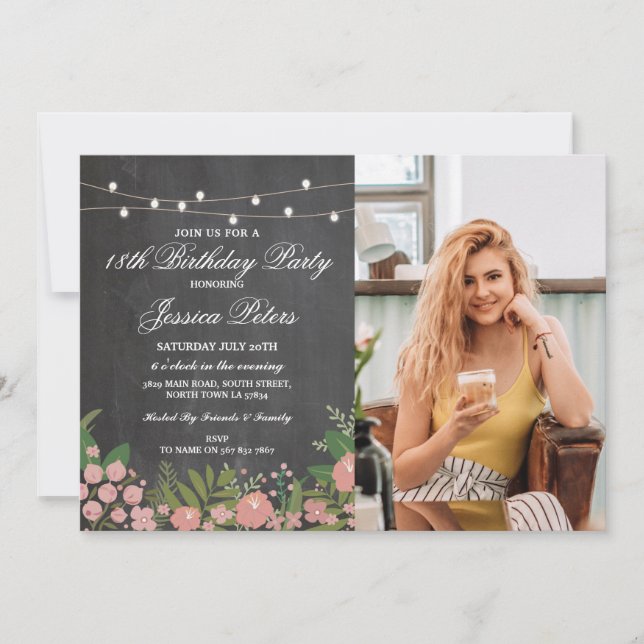 Any Age Chalk 18th Birthday Party Floral Flowers Invitation (Front)