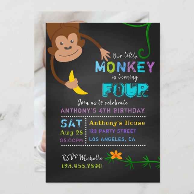 Any Age Chalkboard Little Monkey Boy Birthday Invitation (Front/Back)
