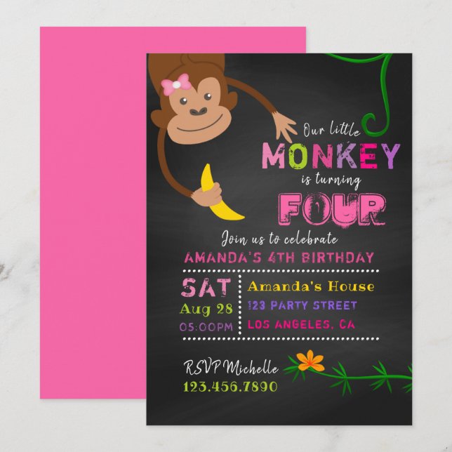 Any Age Chalkboard Little Monkey Girl Birthday Invitation (Front/Back)
