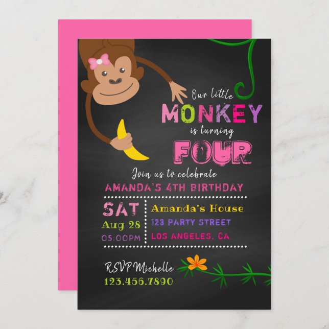 Any Age Chalkboard Little Monkey Girl Birthday Invitation (Front/Back)
