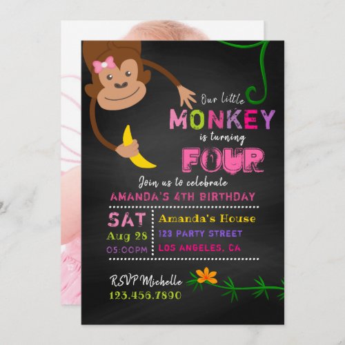 Any Age Chalkboard Little Monkey Girl Birthday Invitation