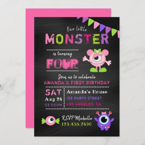 Any Age Chalkboard Little Monster Girl Birthday Invitation