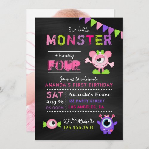 Any Age Chalkboard Little Monster Girl Birthday Invitation
