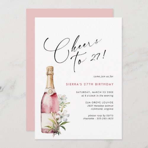 Any Age  Cheers Pink Champagne or Wine Birthday Invitation