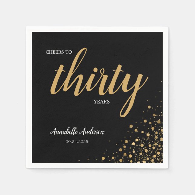 Any Age Cheers Thirty Black Gold Confetti Birthday Napkins (Front)
