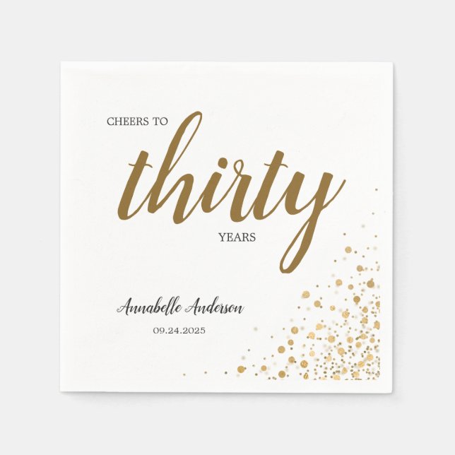 Any Age Cheers to Thirty Gold Confetti Birthday Napkins (Front)