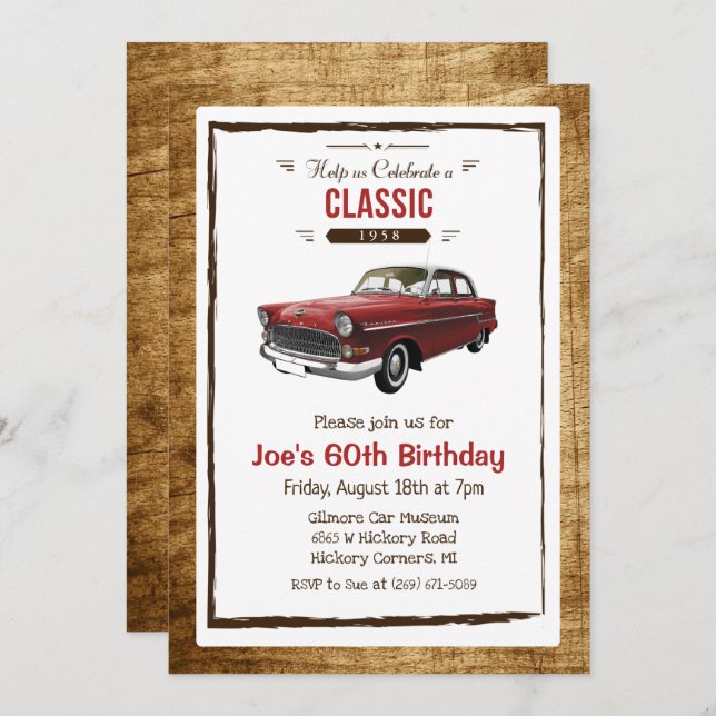 ANY AGE - Classic Car Vintage Birthday Invitation (Front/Back)