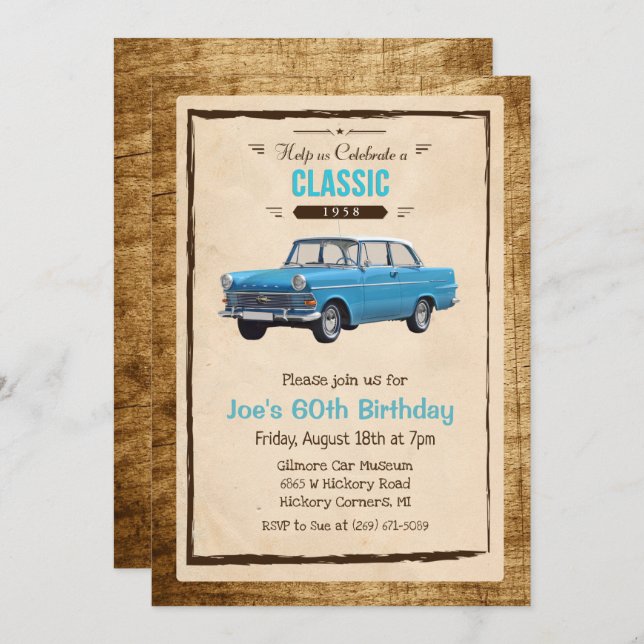 ANY AGE - Classic Car Vintage Birthday Invitation (Front/Back)