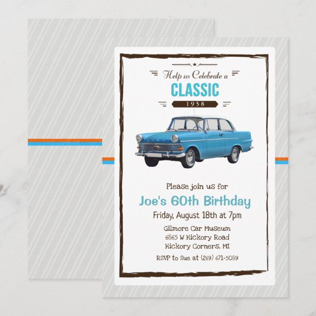 ANY AGE - Classic Car Vintage Birthday Invitation (Front/Back)