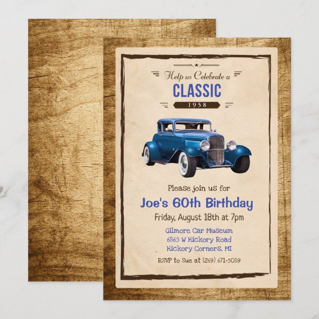 ANY AGE - Classic Car Vintage Birthday Invitation (Front/Back)