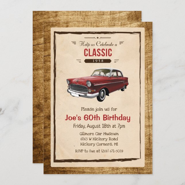 ANY AGE - Classic Car Vintage Birthday Invitation (Front/Back)
