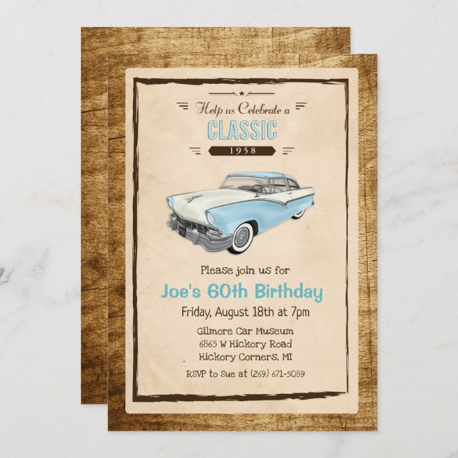ANY AGE - Classic Car Vintage Birthday Invitation (Front/Back)