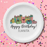 Any Age Colorful Happy Birthday Paper Plates<br><div class="desc">The Colorful Presents Happy Birthday print is great for a classic birthday look from a loved one, or from the company to staff or vendors, or you can personalize this card for an individual by just changing the text. You could change the from the birthday person's name to a 'From...</div>