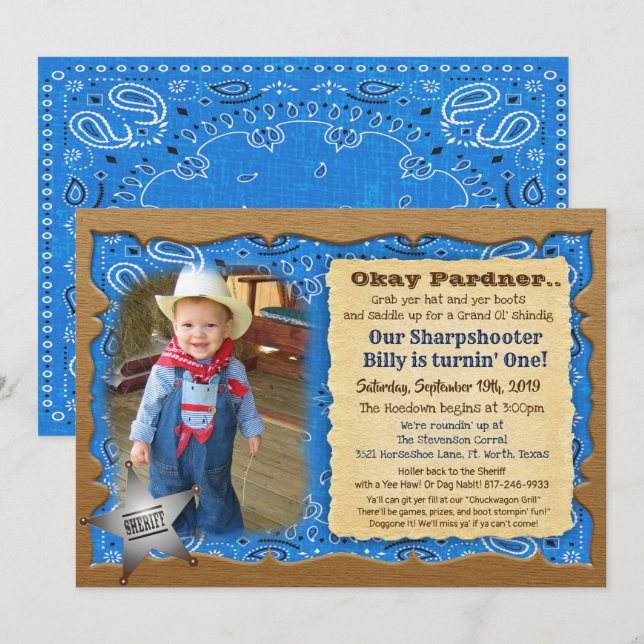 ANY AGE - Cowboy Birthday Photo Invitation (Front/Back)