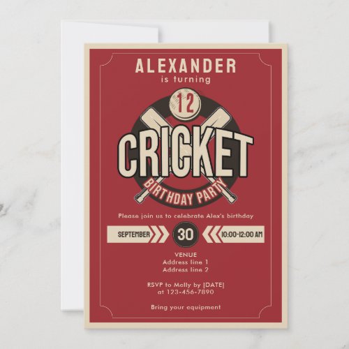 Any Age Cricket Ball Game Match Birthday Party  Invitation
