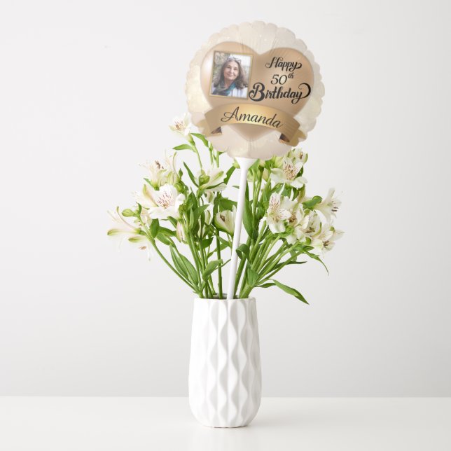 Any Age Custom Cream Gold Birthday Photo Balloon (Vase)