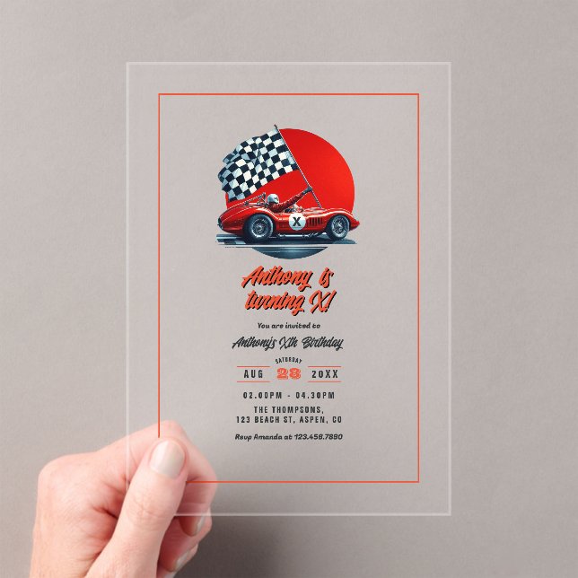 Any Age Customizable Race Car Birthday Party Acrylic Invitations (Insitu (Handheld))