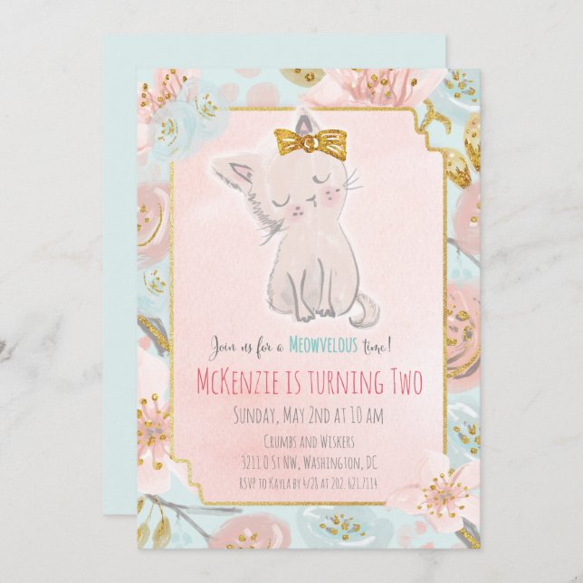 ANY AGE - Cute Kitten Floral Birthday Invitation (Front/Back)