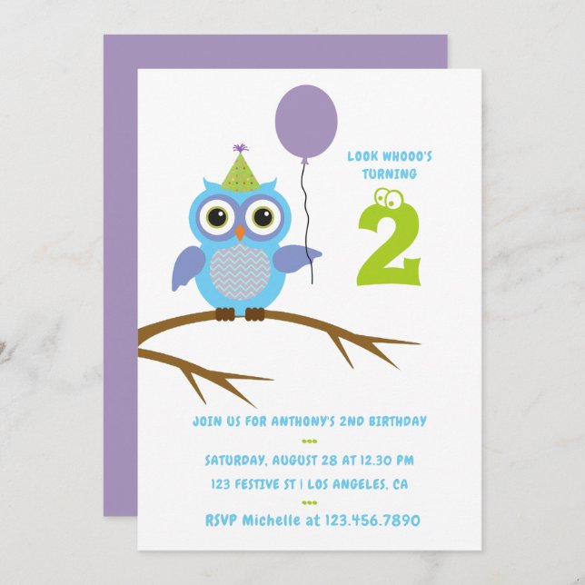 Any Age Cute Owl Baby or Toddler Boys Birthday Invitation (Front/Back)