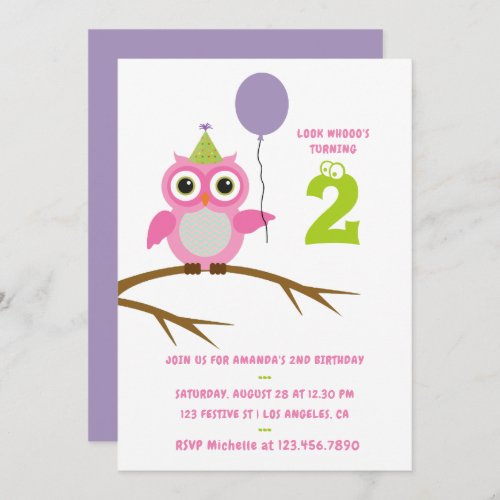 Any Age Cute Owl Baby or Toddler Girl Birthday Invitation