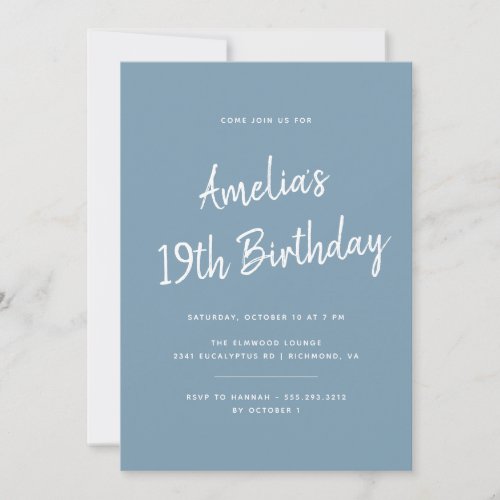 Any Age  Dusty Blue Modern Script Birthday Invitation