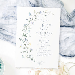 Any Age Dusty Blue Wildflower Boho 80th Birthday Invitation