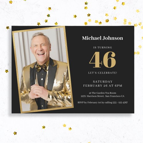 Any Age Elegant Black Gold Photo Birthday Invitation