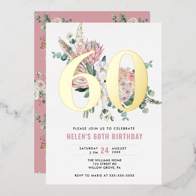 Any Age Elegant Modern Dusty Rose Floral  Foil Invitation (Front/Back)
