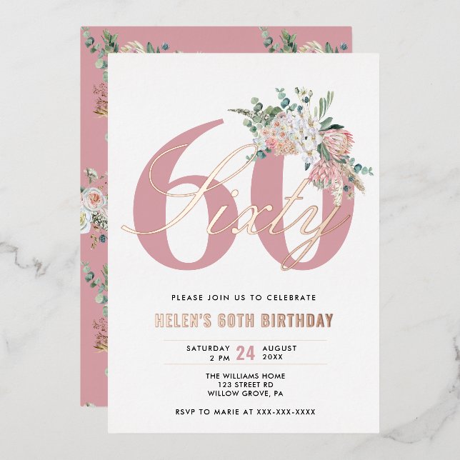 Any Age Elegant Modern Dusty Rose Floral  Foil Invitation (Front/Back)