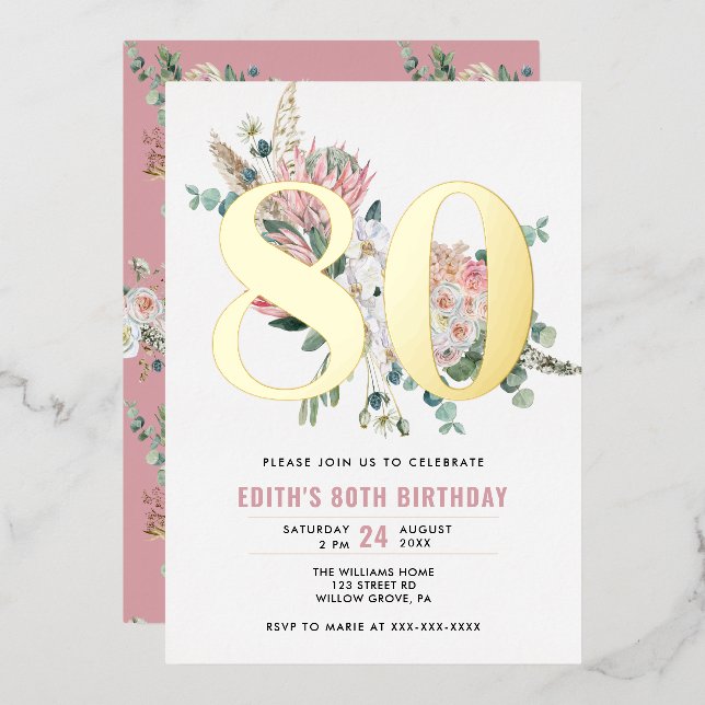 Any Age Elegant Modern Dusty Rose Floral Foil Invitation (Front/Back)