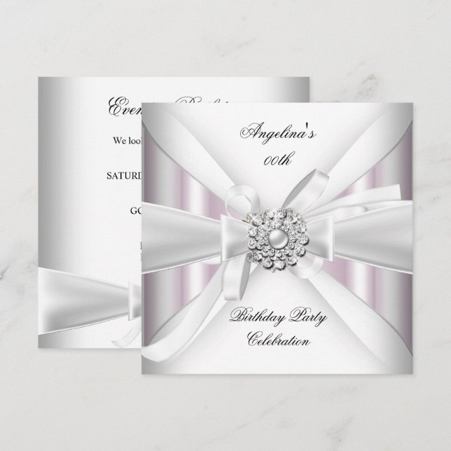 Any Age Elegant Pink White Silver Birthday Party Invitation (Front/Back)