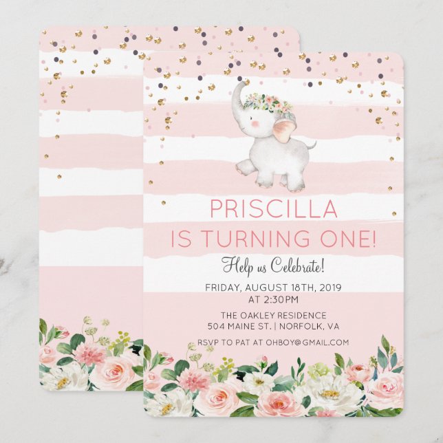 ANY AGE - Elephant Girl Birthday Invitation (Front/Back)