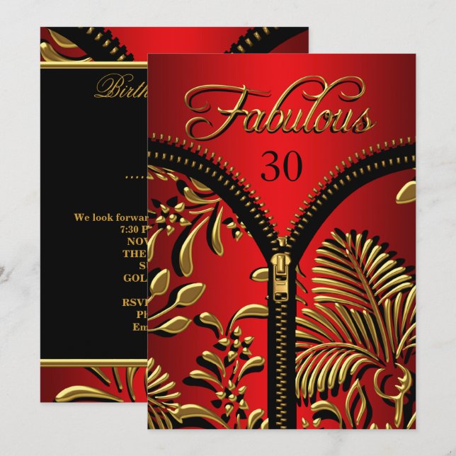 Any Age Fabulous Royal Red Gold Black Birthday Invitation (Front/Back)
