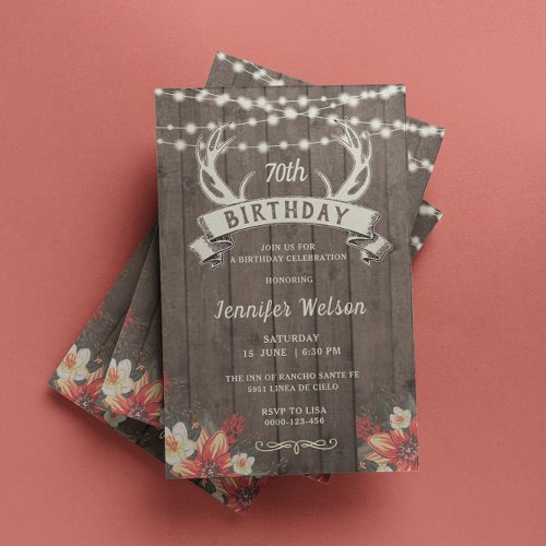 ANY AGE Female Rustic Floral Antlers Banner Bday Invitation