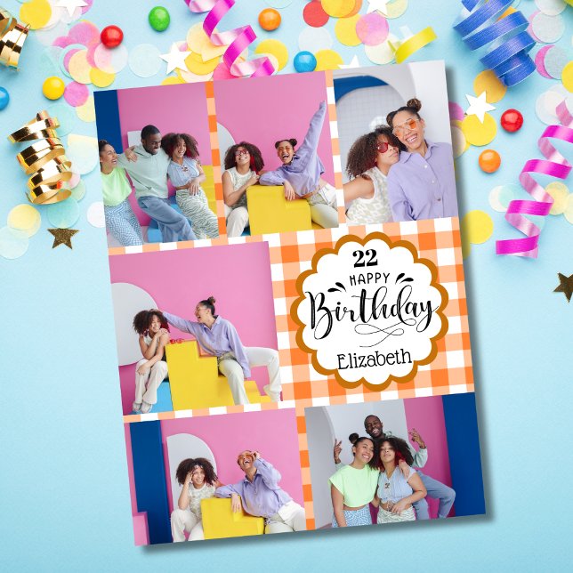 Any Age Feminine Orange 7 Photo Collage Birthday Card (Creator Uploaded)