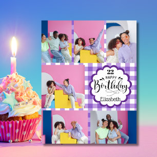 Any Age Feminine Purple 7 Photo Collage Birthday Card