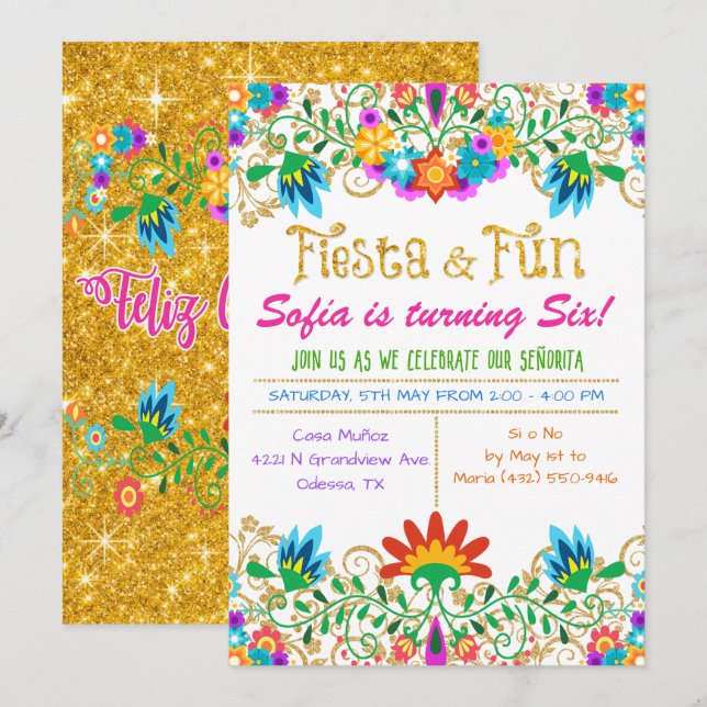ANY AGE - Fiesta Floral Glitter Birthday Card (Front/Back)