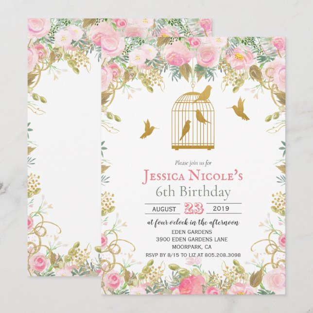 ANY AGE - Floral Birdcage Girl Birthday Invitation (Front/Back)