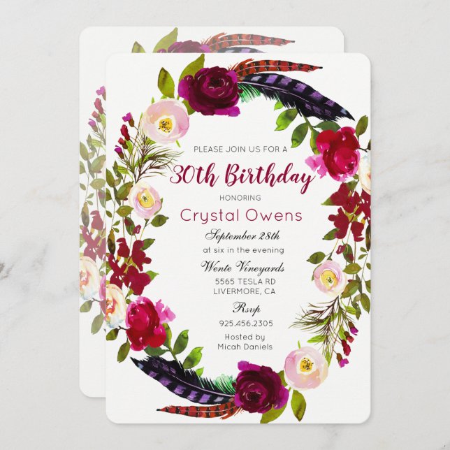 ANY AGE - Floral Burgundy Birthday Invitation (Front/Back)