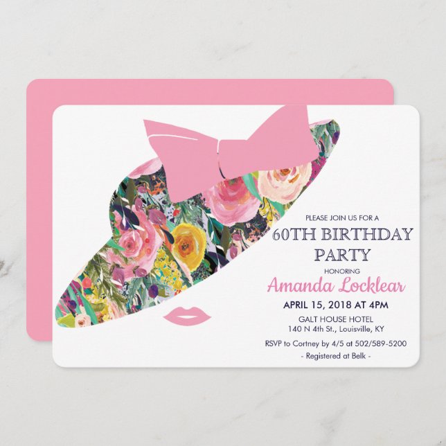 ANY AGE - Floral Hat Birthday Invitation (Front/Back)