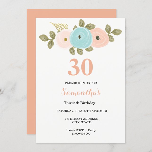 Any Age Floral Peach 30th Birthday Invitation (Front/Back)