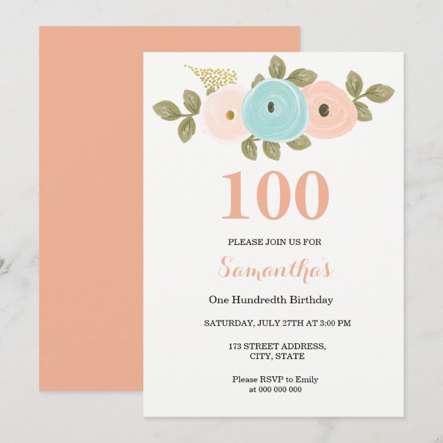 Any Age Floral Pretty Peach 100th Birthday Invite (Front/Back)