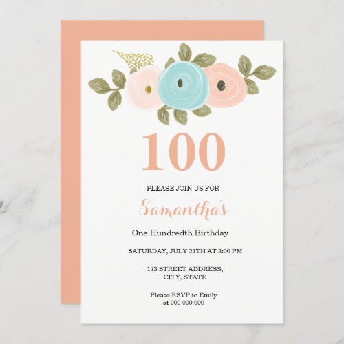 Any Age Floral Pretty Peach 100th Birthday Invite