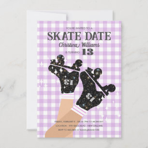 Any Age Gingham Lilac Disco Roller Skate Birthday Invitation